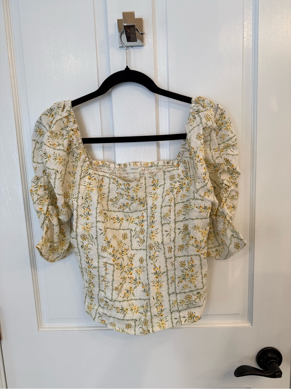 Joie Linen Cream Floral Puff Sleeve Square-Neck Top